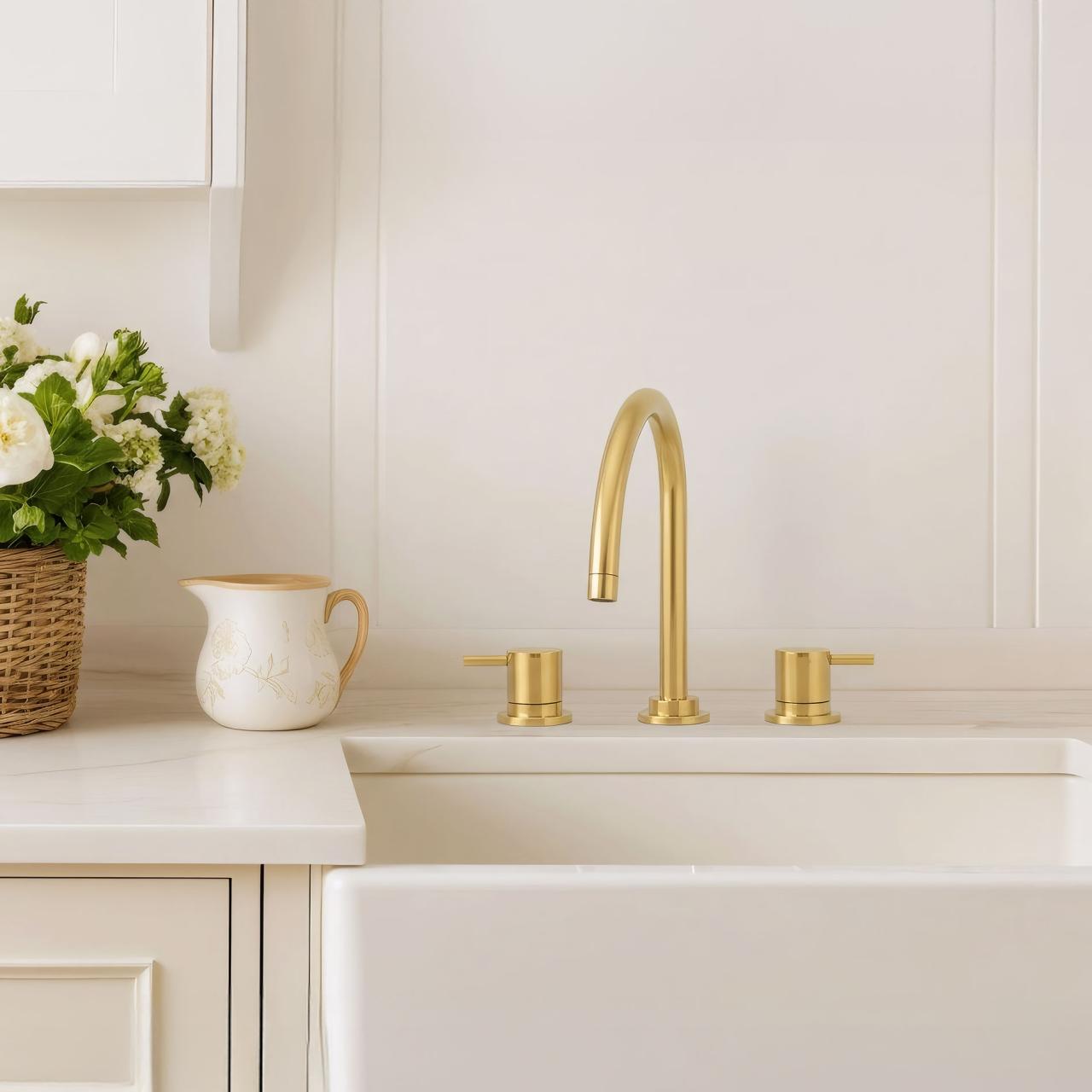 Waterevolution Flow rubinetto da cucina a 3 fori con bocca girevole e attacco per acqua filtrata light gold T152UWGE