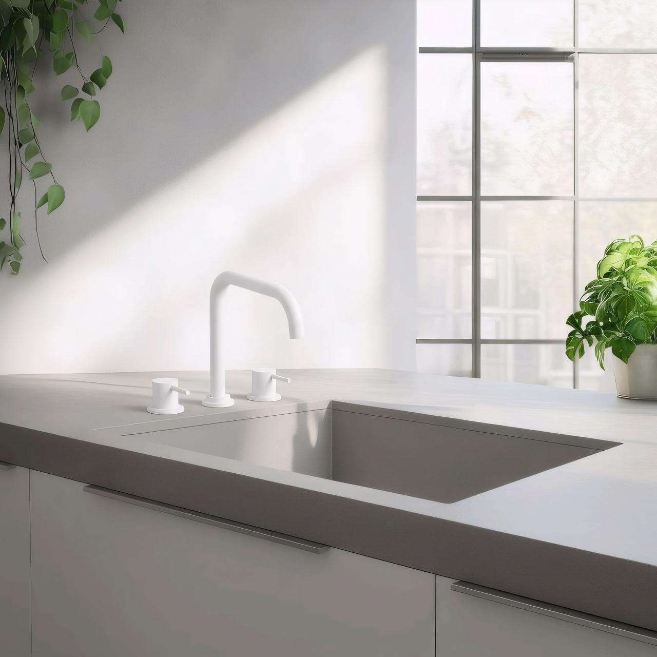 Waterevolution Flow rubinetto da cucina a 3 fori con beccuccio girevole e attacco per acqua filtrata, bianco T152HBR
