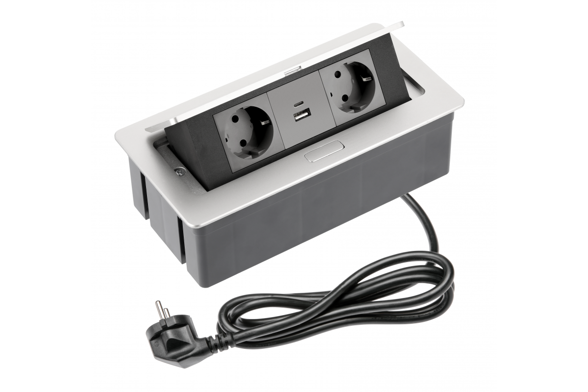 Presa per mobili SOFT 2x Presa Schuko, USB A+C, cavo di alimentazione con spina, alluminio