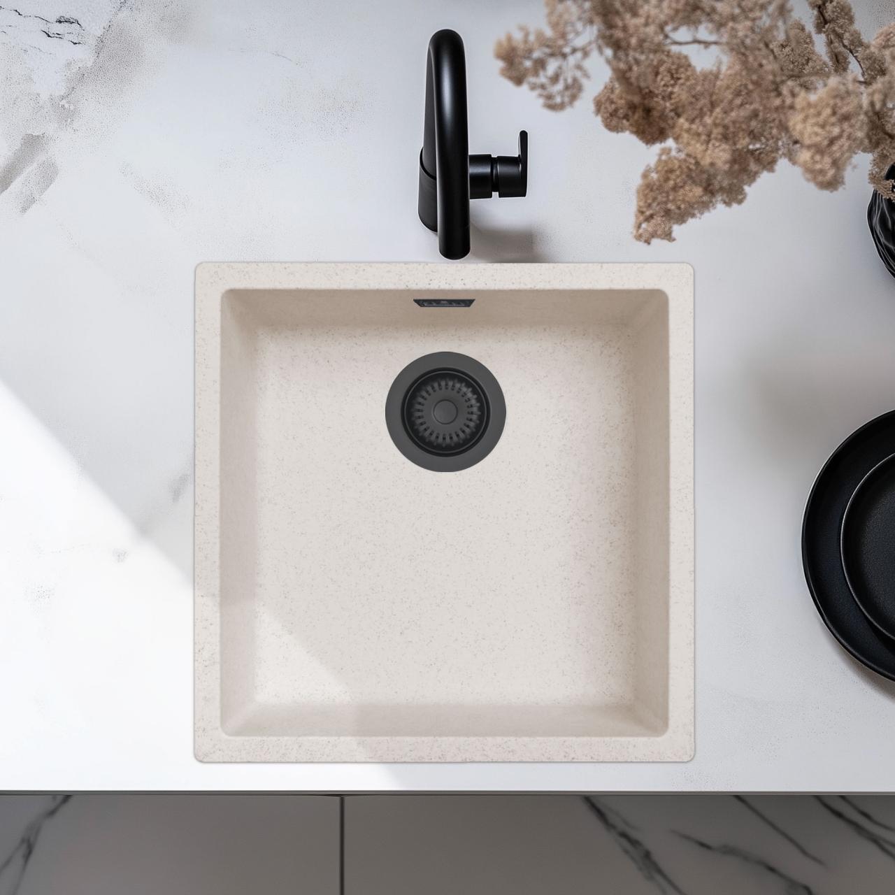 Zand Wit Crème Lavabo 40x40 cm Incasso, Sopra Piano e Filo Piano con Tappo Nero Opaco 1208970540.