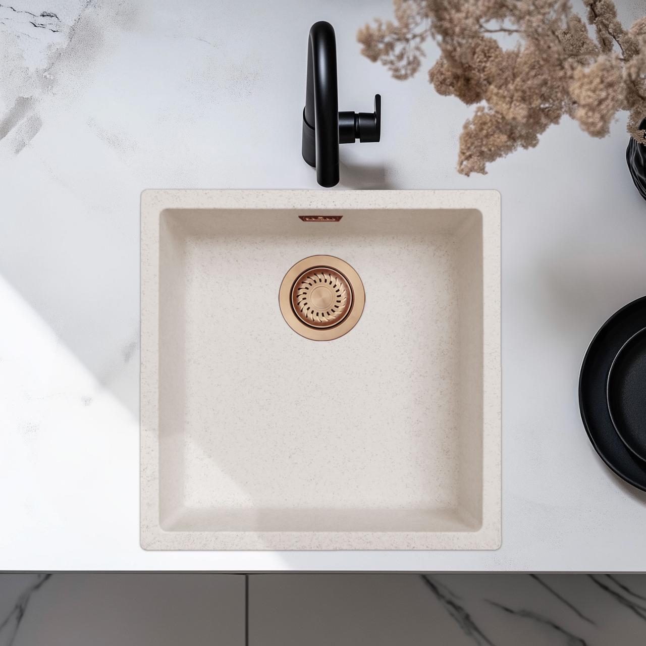 Lavabo in Crema Bianco Sabbia 40x40 cm da Incasso, Sopra e a Filo con Tappo di Rame 1208970543