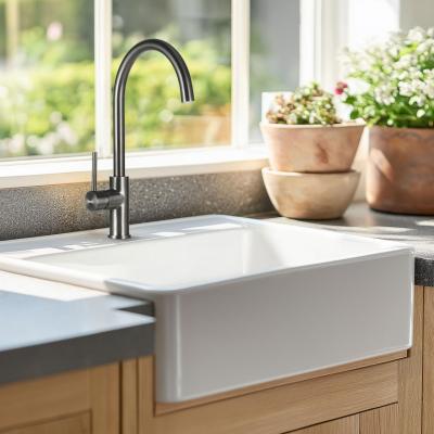 Ausmann Ceramic Panor Shade Lavello Butler in ceramica bianca - Sottopiano e intercapedine 630 x 597 mm con foro per rubinetto e tappo nero opaco 1208970554