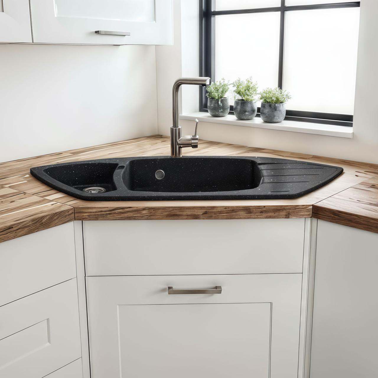 Graniteland Monte Granito nero pietra blu Lavello angolare da appoggio 901x538mm con tappo in acciaio inossidabile 1208970601 - Productafbeelding 2