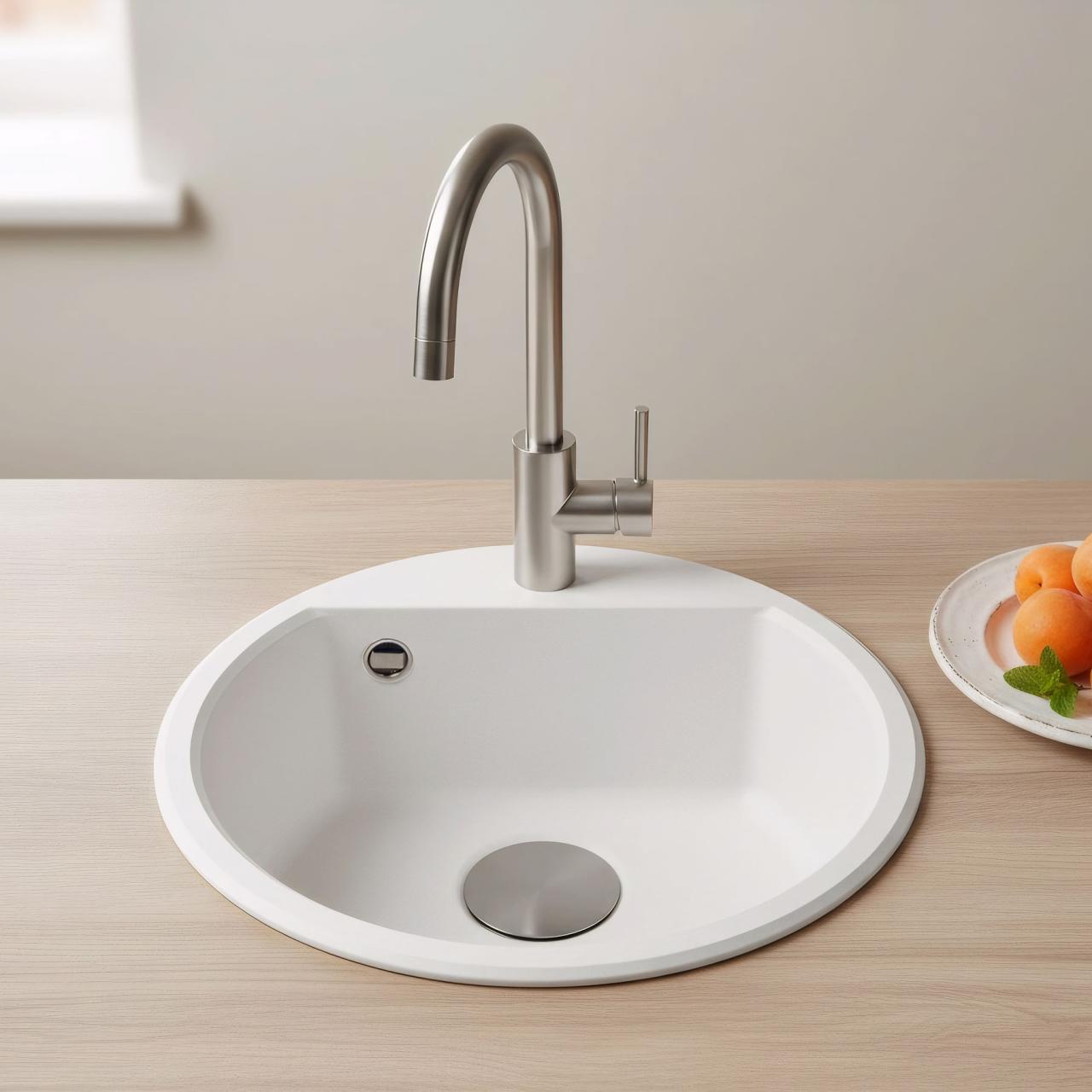 GraniteMy Bremen lavello rotondo in granito di 43 cm bianco da appoggio e sottotop con foro per rubinetto e tappo in metallo color canna di fucile 1208971220