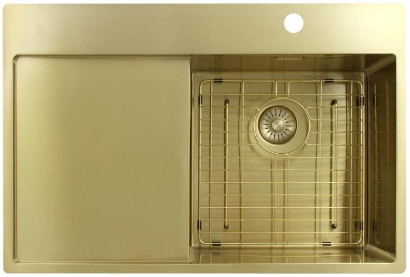 Pure.Sink Exclusivo Lavello dorato con sgocciolatoio 78x52 cm Rubinetto a leva destro PEX4078RT-60