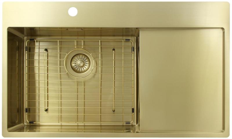 Pure.Sink Exclusivo Lavello dorato con sgocciolatoio 86x52 cm Rubinetto a leva sinistro PEX5086LT-60