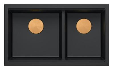 Lavello da incasso Quadri Newport II in granito nero doppio 76x45 cm con tappo di rame 1208971361