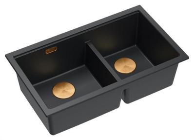 Lavello da incasso Quadri Newport II in granito nero doppio 76x45 cm con tappo di rame 1208971361