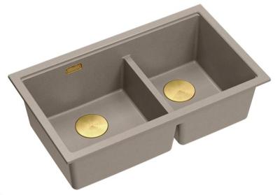 Lavello da incasso Quadri Newport II doppio in granito taupe 76x45 cm con tappo dorato 1208971367