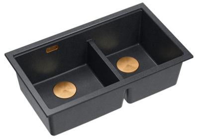 Lavello sottopiano Quadri Newport II Doppio in Granito Antracite 702 x 390 mm con tappo di rame 1208971374