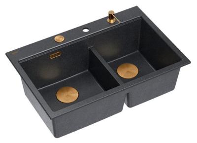 Lavabo da appoggio in granito antracite doppio Quadri Hard Rock 76x50 cm con tappo di rame e accessori 1208971388