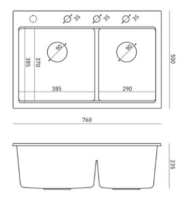 Lavabo da incasso in granito nero doppio Quadri Hard Rock 76x50 cm con tappo di rame e accessori 1208971390