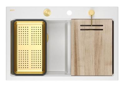 Lavabo doppio in granito bianco Hard Rock Quadri 76x50 cm con tappo dorato e accessori 1208971392