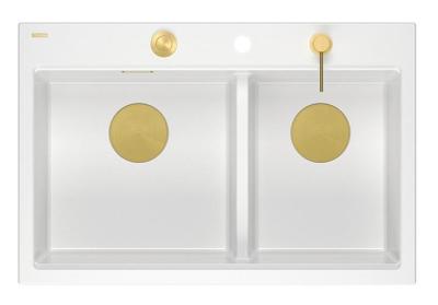 Lavabo doppio in granito bianco Hard Rock Quadri 76x50 cm con tappo dorato e accessori 1208971392