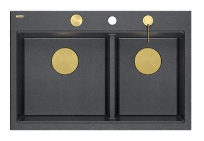 Lavabo da incasso doppio Quadri Hard Rock in granito antracite 76x50 cm con tappo dorato e accessori 1208971393