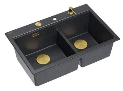 Lavabo da incasso doppio Quadri Hard Rock in granito antracite 76x50 cm con tappo dorato e accessori 1208971393