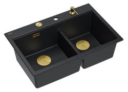 Lavandino da appoggio in granito nero doppio Quadri Hard Rock 76x50 cm con tappo dorato e accessori 1208971395