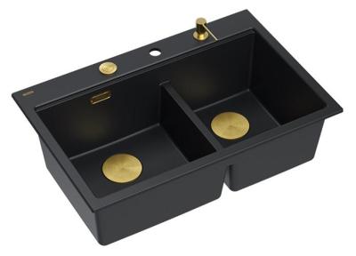 Lavandino da appoggio in granito nero doppio Quadri Hard Rock 76x50 cm con tappo dorato e accessori 1208971395