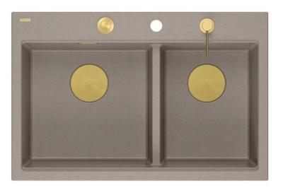 Lavabo da appoggio in granito taupe doppio Quadri Hard Rock 76x50 cm con tappo dorato e accessori 1208971396