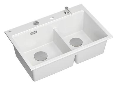 Lavello da appoggio Quadri Hard Rock in granito bianco doppio 76x50 cm con tappo in acciaio inossidabile e accessori 1208971398