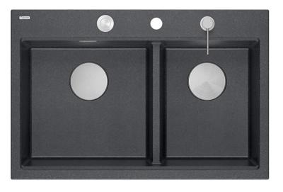 Lavello da incasso Quadri Hard Rock doppio in granito antracite 76x50 cm con tappo in acciaio inossidabile e accessori 1208971399
