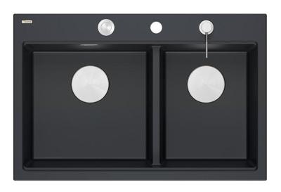 Lavabo da incasso in granito nero doppio Quadri Hard Rock 76x50 cm con tappo in acciaio inossidabile e accessori 1208971401