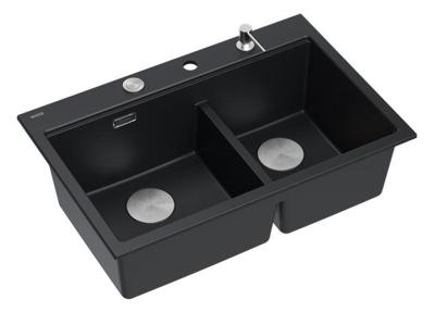 Lavabo da incasso in granito nero doppio Quadri Hard Rock 76x50 cm con tappo in acciaio inossidabile e accessori 1208971401