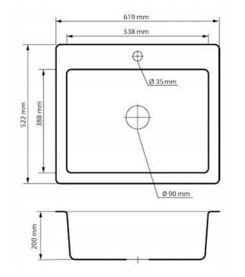 Graniteland Vastone Lavello in granito 619x522 mm Grigio da Incasso con Foro per Rubinetto e Tappo in Acciaio Inossidabile 1208971448