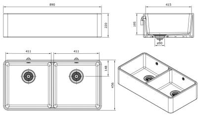 Ausmann Ceramic Mira Lavabo Doppio in Ceramica Bianca - Sottotop e Intermedio 890 x 456 mm con Tappi Neri 1208971474