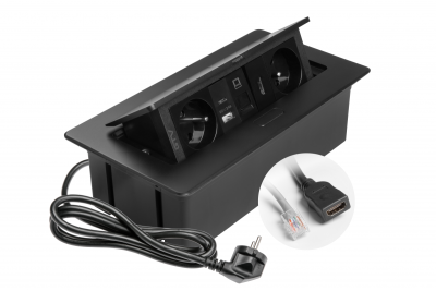 Presa per mobili MULTISOFT 2x Presa con Messa a Terra, USB A+C, RJ45, HDMI, Cavo di Alimentazione con Spina, Nero