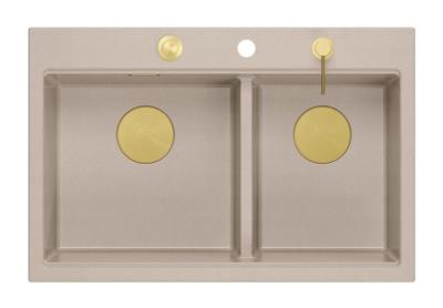 Lavello da incasso Quadri Hard Rock in granito beige doppio 76x50 cm con tappo dorato e accessori 1208971663