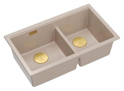 Lavello da incasso Newport II doppio in granito beige 76x45 cm con tappo dorato 1208971753