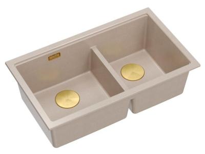 Quadri Newport II Doppio Lavabo Sottotop in Granito Beige 702 x 390 mm con Tappo Dorato 1208971756