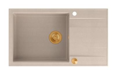 Lavello da incasso grande in granito beige perla Quadri Luton con piano di scolatura reversibile 86x50cm con tappo di rame 1208971773