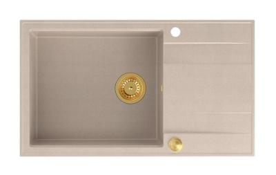 Lavello da incasso in granito beige perlato Quadri Luton di grandi dimensioni con area di scolo, reversibile 86x50cm con tappo dorato 1208971774