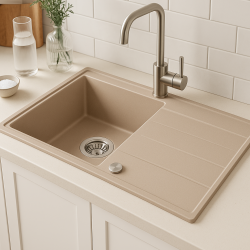 Lavello da incasso Quadri Luton in granito beige perlato con zona di scolatura reversibile 86x50cm con tappo in acciaio inossidabile 1208971779