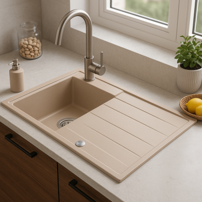 Lavello da incasso Quadri Luton in granito beige perlato con zona di scolatura reversibile 86x50cm con tappo in acciaio inossidabile 1208971779
