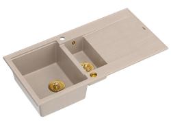 Lavello da incasso Quadri Luton beige in granito con 1,5 vasche e zona di scolo reversibile 100x50cm con tappo dorato 1208971793
