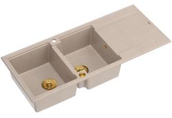 Quadri Luton montaggio doppio lavello in granito beige perla con zona di scolo 116x50 cm con tappo dorato 1208971809