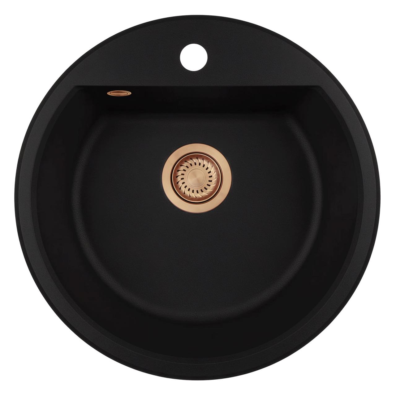 GraniteMy Bremen lavello rotondo in granito 43 cm nero, da incasso e sottotop, con foro per rubinetto e tappo automatico in rame 1208971838