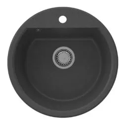 GraniteMy Bremen lavandino rotondo in granito 43 cm nero, da incasso e sottotop, con foro per rubinetto e tappo automatico in acciaio inox 1208971840