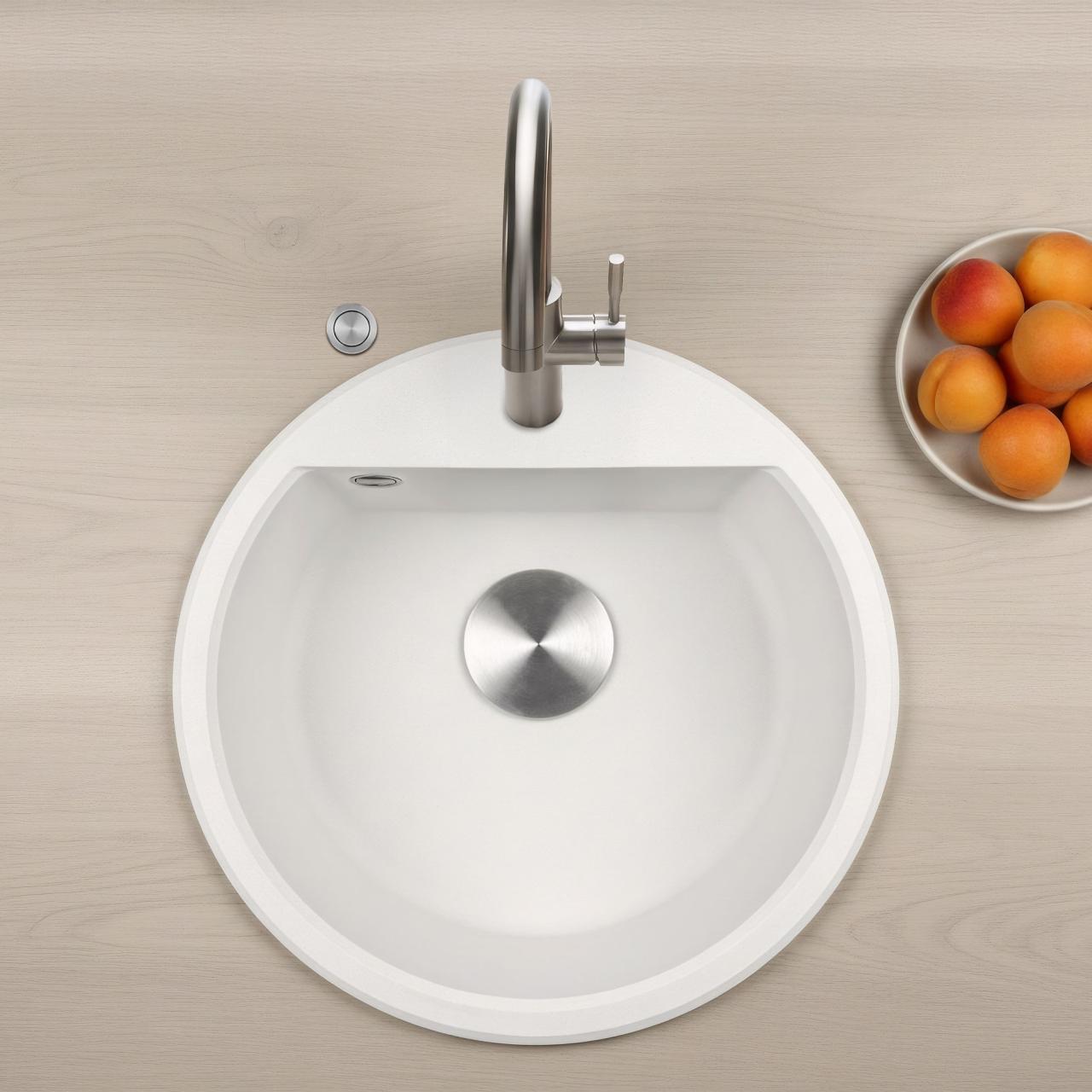 GraniteMy Bremen lavello rotondo in granito 43 cm bianco, da incasso e sottotop, con foro per rubinetto e tappo automatico in acciaio inossidabile 1208971845