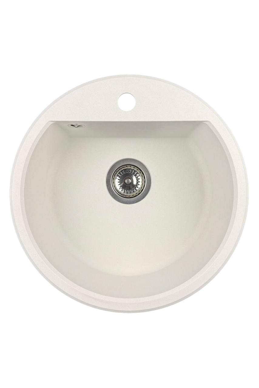 GraniteMy Bremen lavello rotondo in granito 43 cm bianco, da incasso e sottotop, con foro per rubinetto e tappo automatico in acciaio inossidabile 1208971845
