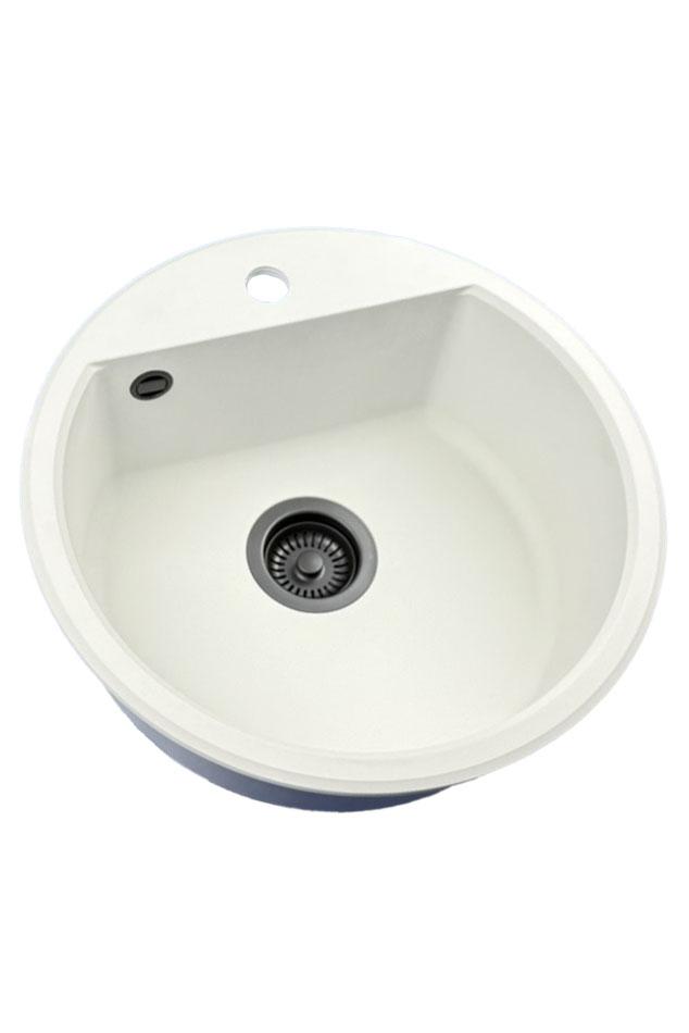 GraniteMy Bremen lavabo rotondo in granito 43 cm bianco, da incasso e sottotop, con foro per rubinetto e tappo automatico nero 1208971846