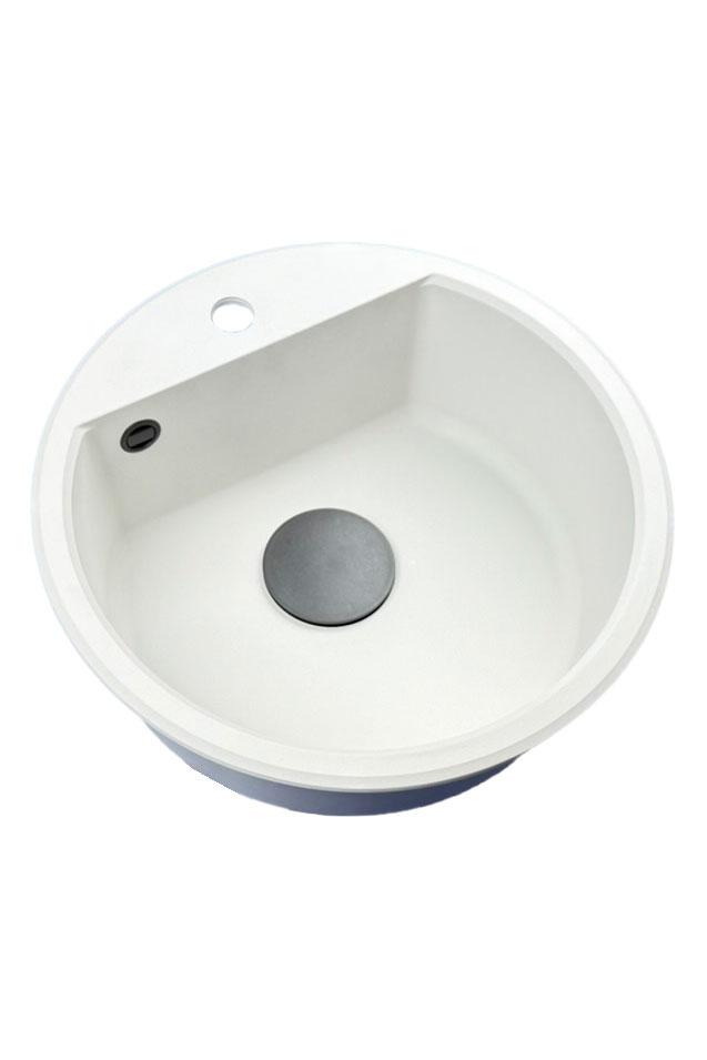 GraniteMy Bremen lavabo rotondo in granito 43 cm bianco, da incasso e sottotop, con foro per rubinetto e tappo automatico nero 1208971846