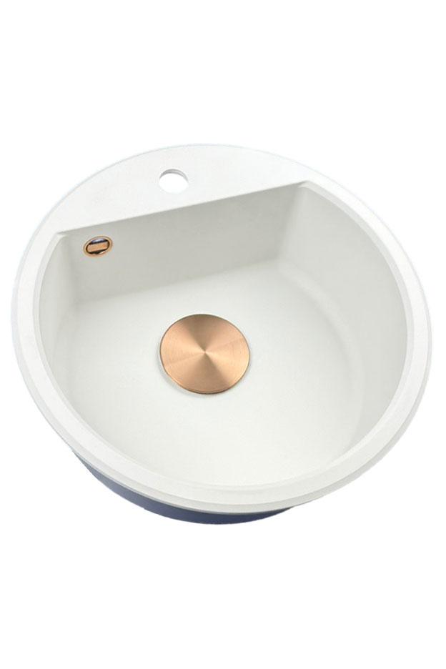GraniteMy Bremen lavandino rotondo in granito da 43 cm bianco, da appoggio e sottotop, con foro per rubinetto e tappo di rame automatico 1208971847