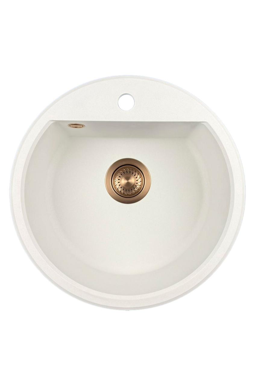 GraniteMy Bremen lavandino rotondo in granito da 43 cm bianco, da appoggio e sottotop, con foro per rubinetto e tappo di rame automatico 1208971847