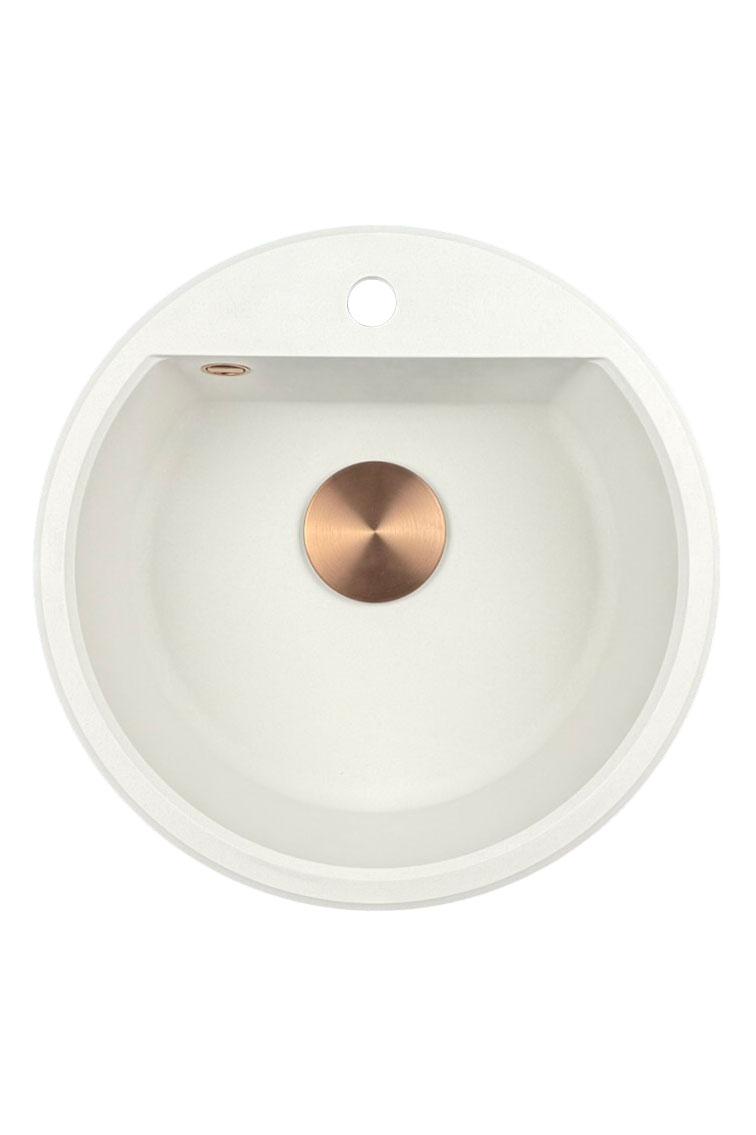 GraniteMy Bremen lavandino rotondo in granito da 43 cm bianco, da appoggio e sottotop, con foro per rubinetto e tappo di rame automatico 1208971847