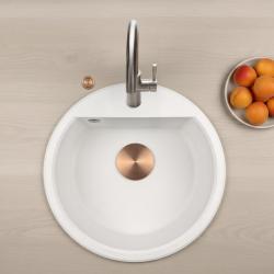 GraniteMy Bremen lavandino rotondo in granito da 43 cm bianco, da appoggio e sottotop, con foro per rubinetto e tappo di rame automatico 1208971847