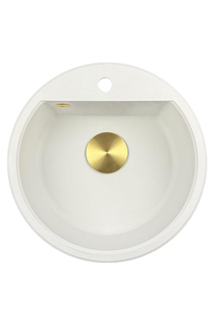 GraniteMy Bremen lavabo rotondo in granito 43 cm bianco, da appoggio e sottotop, con foro per rubinetto e tappo automatico dorato 1208971848